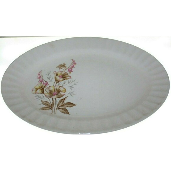 1940's VINTAGE FLORAL EDWIN M KNOWLES CHINA CO 13 3/4" OVAL PLATTER FLUTED EDGE - Picture 1 of 6